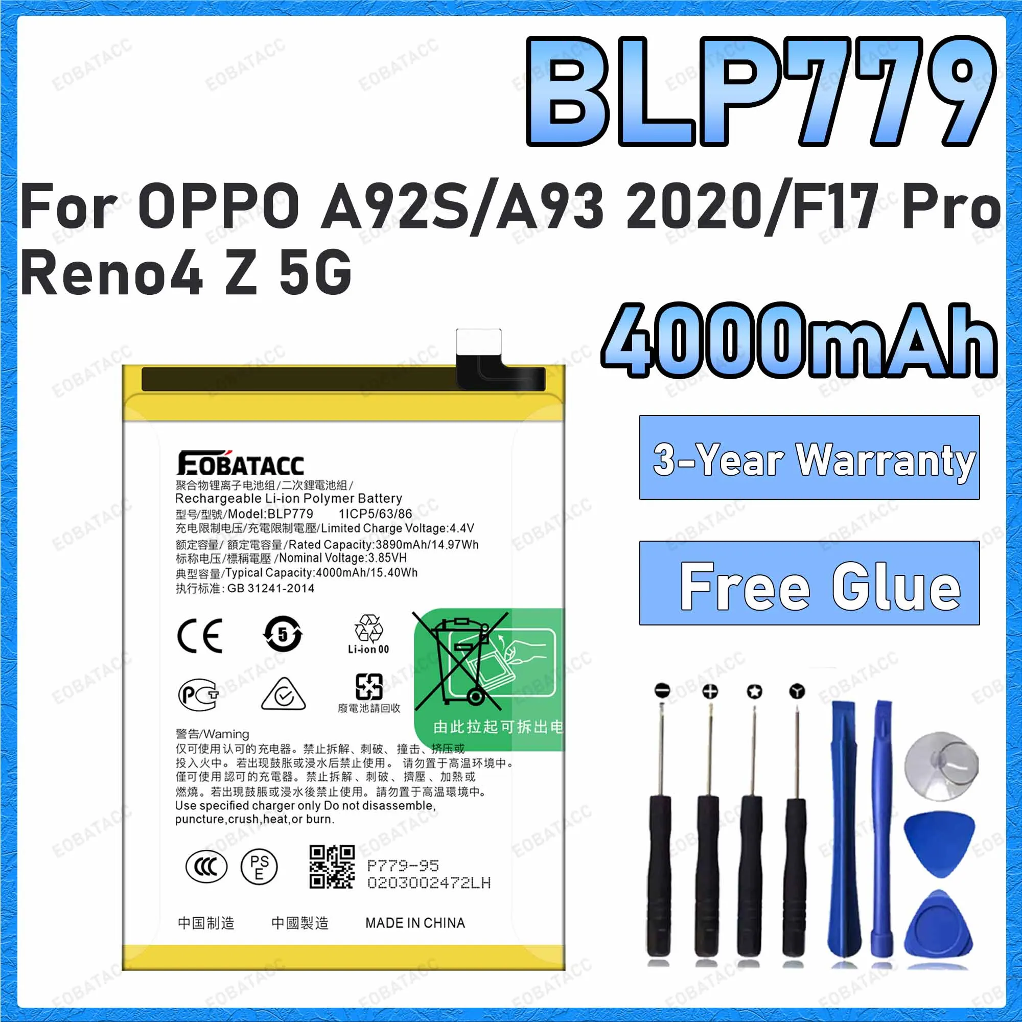 High Quality 4000mAh BLP779 Battery For OPPO A92S/A93 2020/F17 Pro/Reno4 Z 5G Replacement Batteries+Free Tools