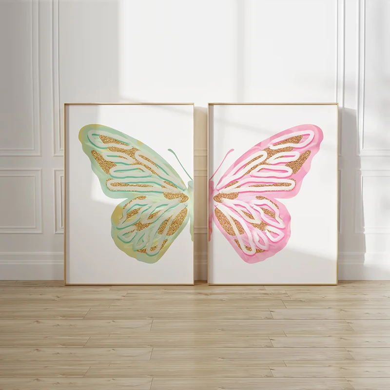 

Pink Green Split Butterfly Wall Art Girly Heart Aesthetic and Trendy Posters Canvas Print Painting Home Bedroom Kid's Room Decor