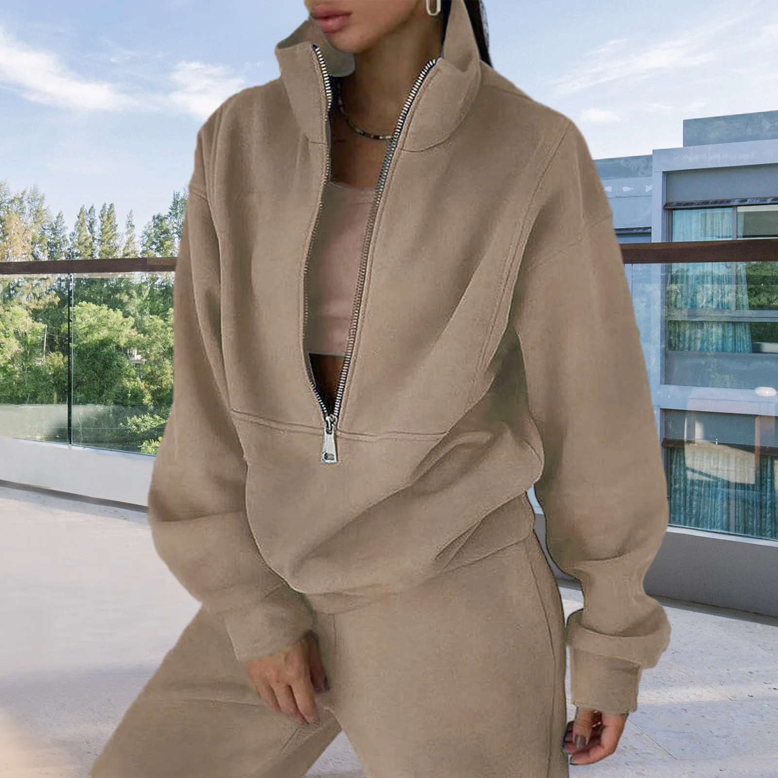 Comfortable Women Clothing Women's Two Piece Sweatshirt Set Casual Half Zip Pullover Top Wide Leg Pants Lounge for Fall