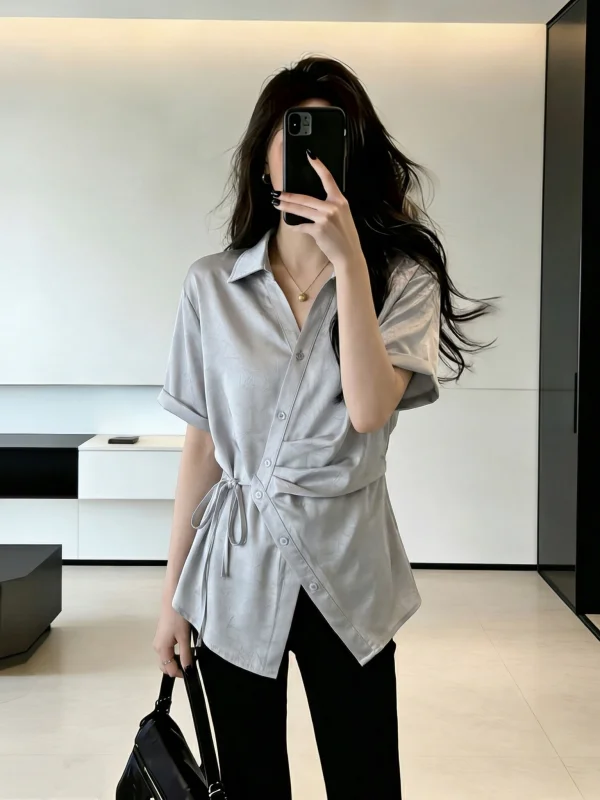 

Elegant Acetate Satin Short Sleeve Shirt V-Neck Waist-Cinching Belted Women's Summer New Style Korean Loose Fit Office Wear