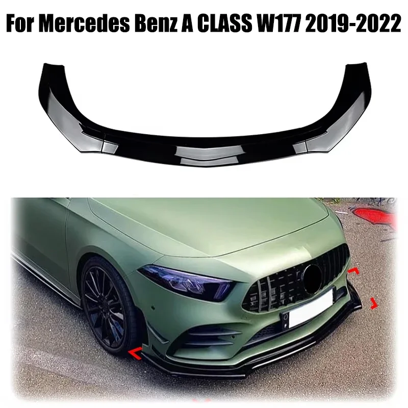 For Mercedes Benz A CLASS W177 2019-2022 A180 A200 A35 AMG Car Front Lip Bumper Spoiler Glossy Black Or Carbon Fiber Look