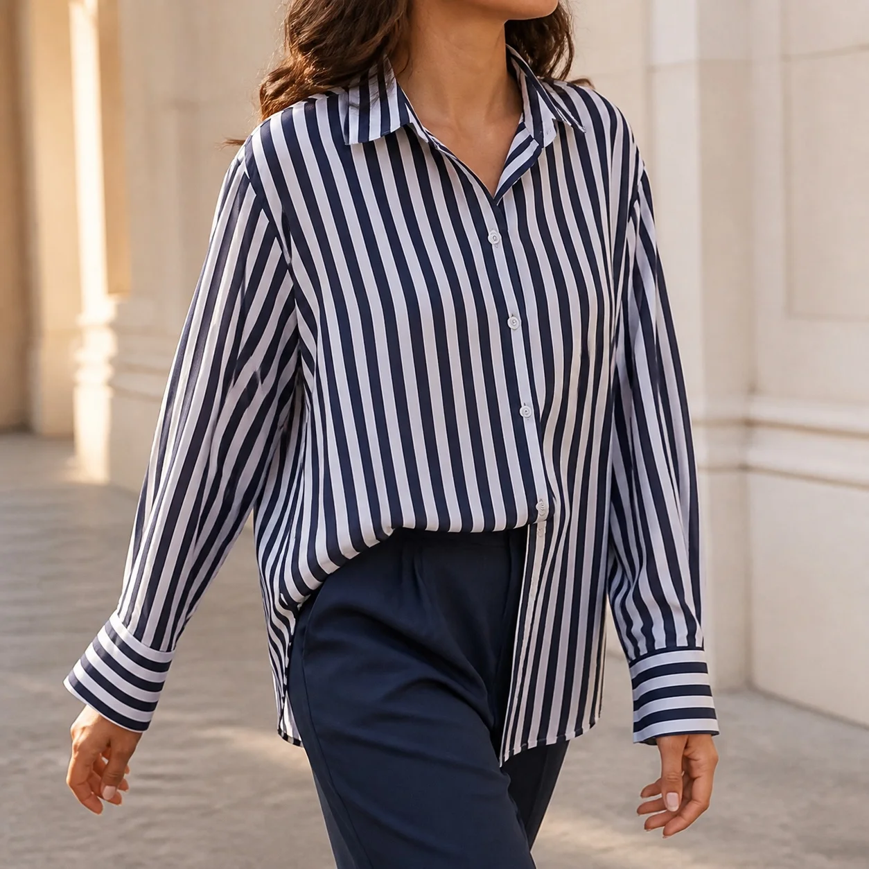 Women's Long Sleeve Polo Neck Striped Blouse with Digital Print Front – Tops For Women Woman Clothing Women's Blouse Green And