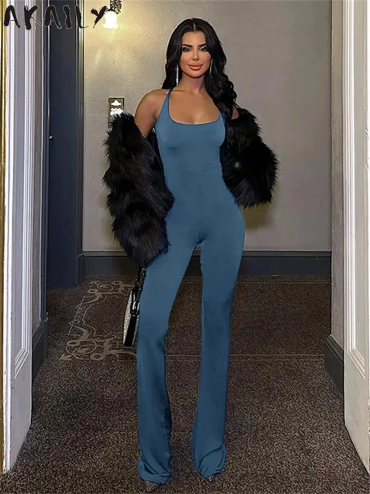 

Akaily Spring Sleeveless Bodycon Jumpsuits Club Outfit For Women 2024 Sexy Backless High Waist Romper Blue Bell-bottoms Jumpsuit