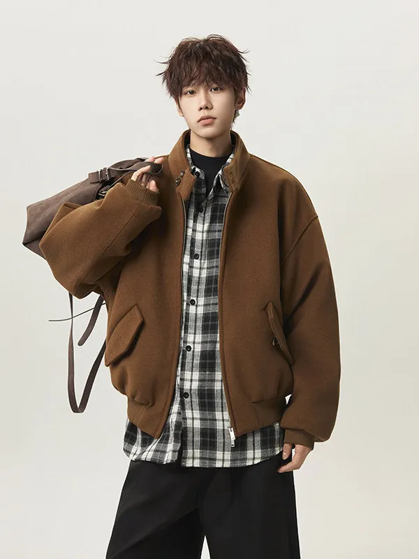 

TANGZ Studio American Sle Heavyweight Coffee Color Men's Loose Fit Casual Open Cardigan Woolen Jaet with Stand Collar