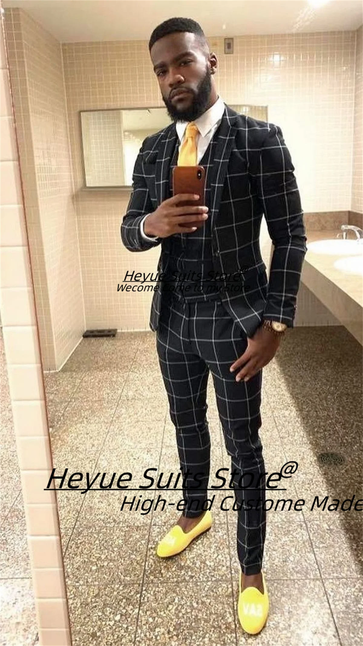 

Business Black Plaid Men Suits Customized Slim Fit Notched Lapel Groom Wedding Tuxedos 3 Pcs Sets Male Party Blazers Ropa Hombre