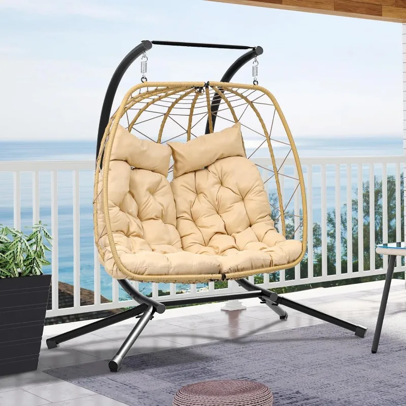 YITAHOME Patio Love Seats Chair with Stand Double Egg Chair, 2 Person Couple Wicker Rattan Chair Outdoor Egg Chair with Cushions