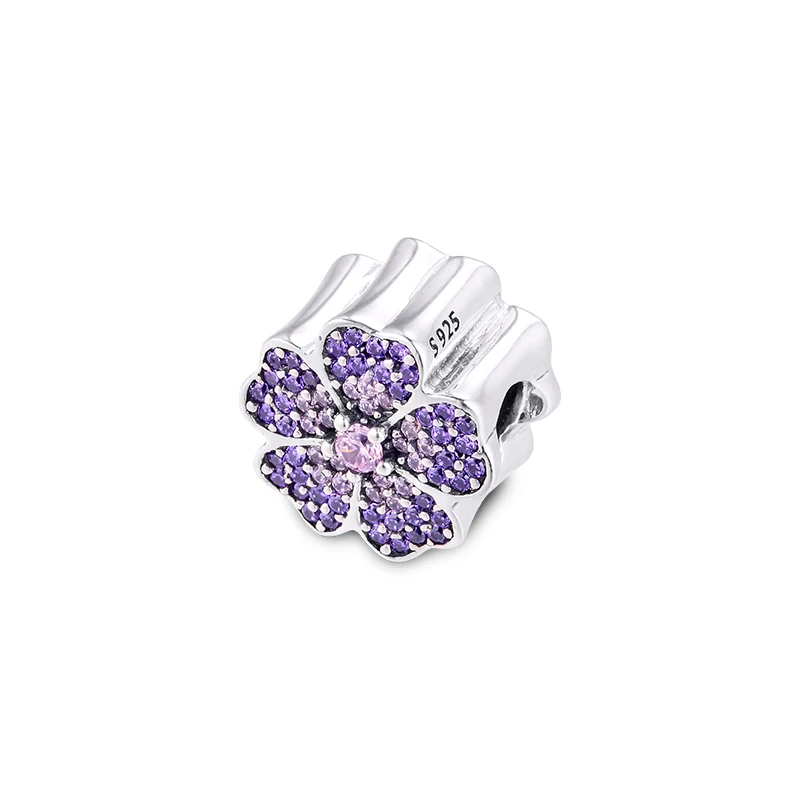 Primrose Pave  Charm 925 Sterling Silver With Purple and Pink Zircon Beads Fit for Pandora Moment Bracelets Diy Gift FL165