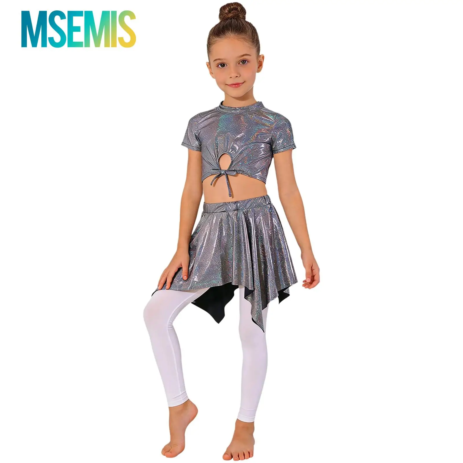 Kids Girls Metallic Hip Hop Cheerleading Performance Costume Jazz Dance Outfit Short-sleeve Tie-front T-shirt with Skirt