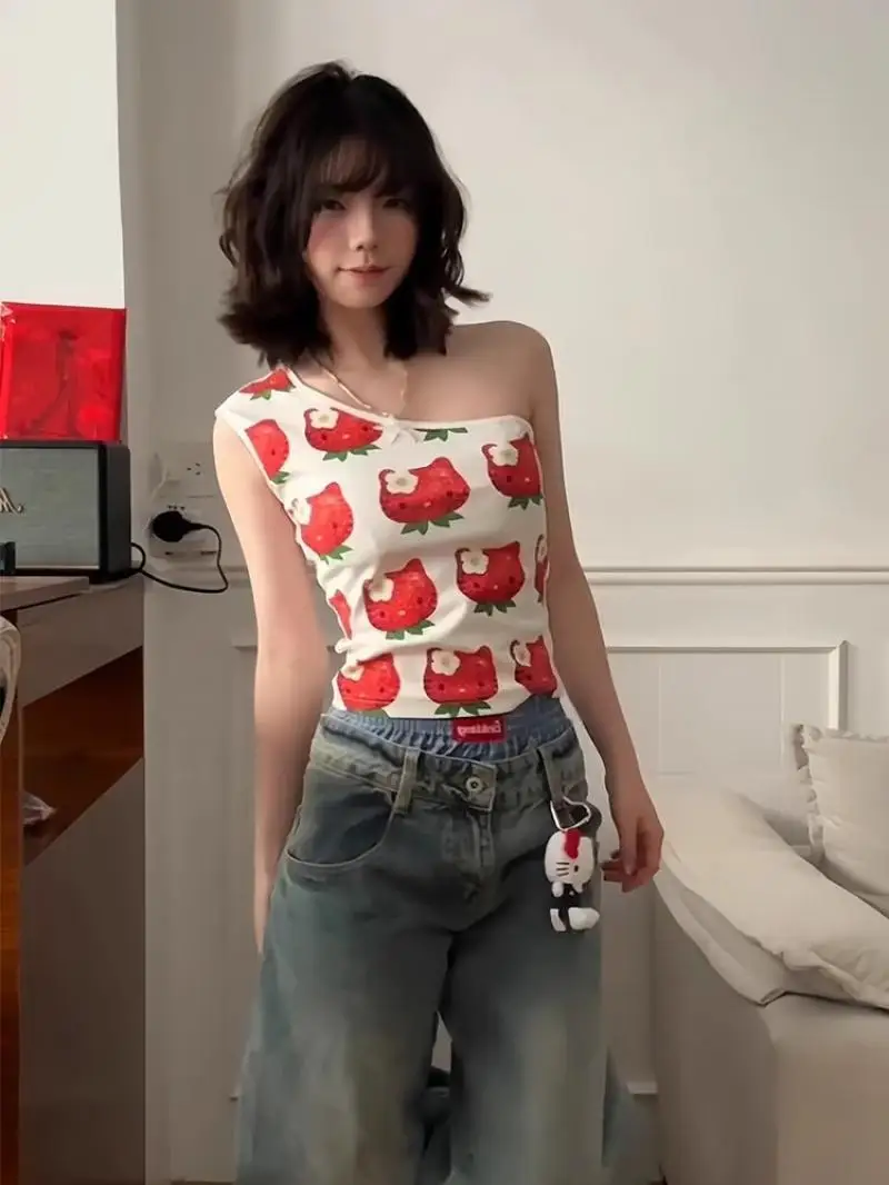 Sanrio Vest Kawaii Hello Kitty Women's Sling Vest Summer with Chest Pad Pure Desire Suspenders Pajamas Sweet Girl Women's Vest