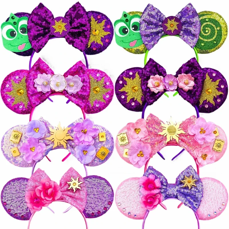 Disney Rapunzel Ears Headbands For Kids Girls Tangled Mickey Mouse Headwear Adults Hairband Women Sunflower Bow Hair Accessories