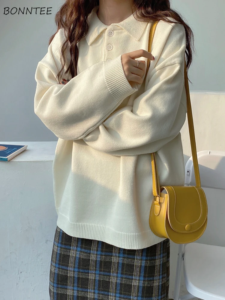 

Turn-down Collar Pullovers Women Solid Simple Knitted Loose Fit All-match College Streetwear Classic Prevalent Daily Harajuku