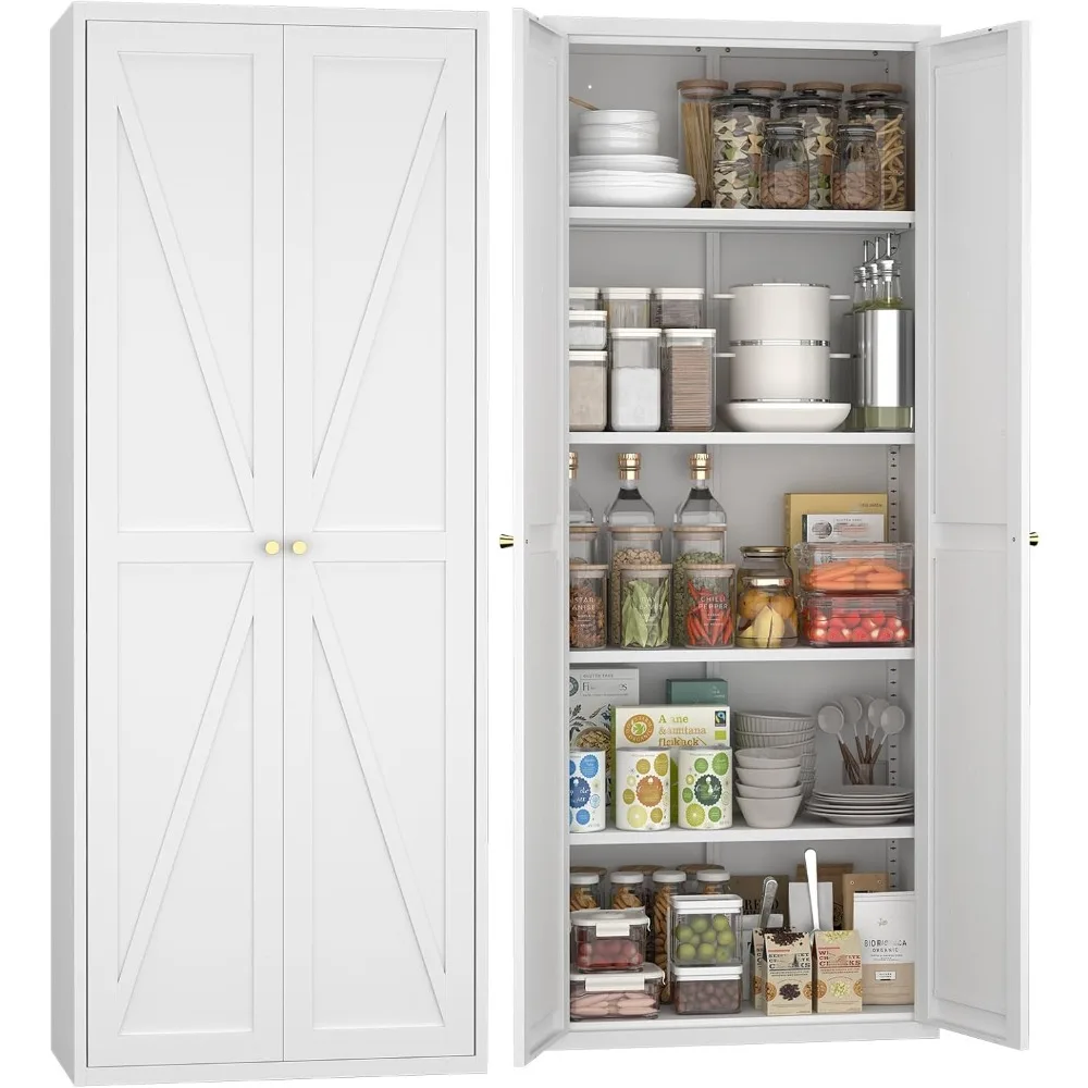 خزانة تخزين معدنية بيضاء مع بابين ورفوف لمنظم تخزين المواد الغذائية في غرفة الغسيل والمطبخ #1
