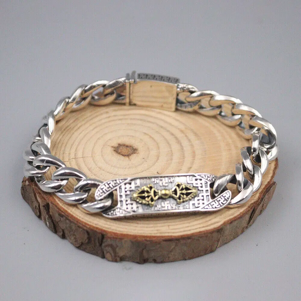 

Genuine 925 Sterling Silver 11.5mm Curb Link Bracelet 7.87inch Vajra Pattern