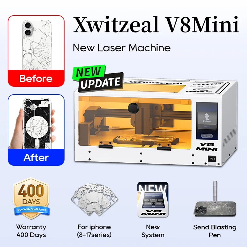 Xwitzeal V8 MINI إزالة الليزر الزجاج الخلفي للهاتف، والأقواس وعدسة الكاميرا، مع قوالب حديدية (سلسلة 8-17) ومجموعات أدوات إصلاح الهاتف