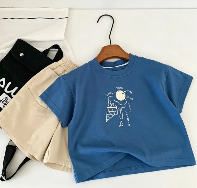 Kids Cute Print T Shirt With Elephant Ice Cream And Bird Graphics Soft Cotton Casual Short Sleeve Tops For Boys Girls Daily Wear