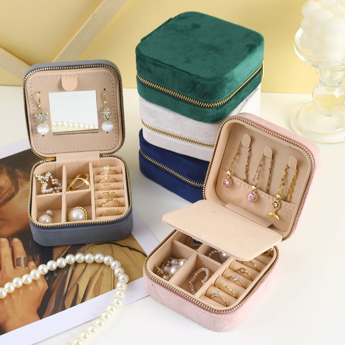 

Velvet Jewelry Box For Women Geometric Sqaure Jewelry Storage Case Necklace Ring Earrings Travel Portable Zipper Boxes