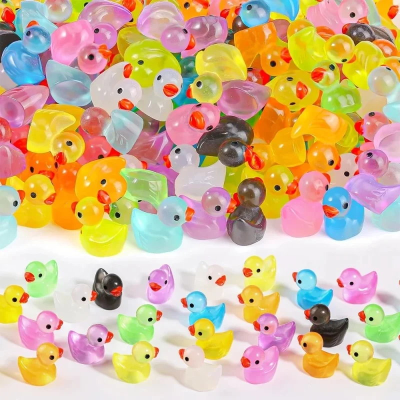 100Pcs 1.8CM Mini Fluorescence Rainbow Duck Toy Cute Yellow Ducks Glow In The Dark DIY Handicraft Micro Landscape Decoration Toy