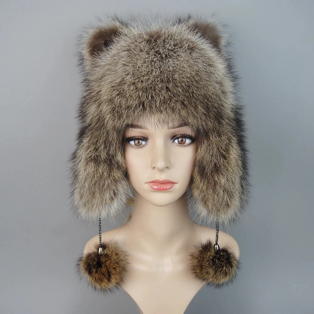 Winter Warm Ladies 100% Real Raccoon Fur Hat Russian Real Raccoon Fur Bomber Hats With Ear Flaps For Women Genuine Real Fur Caps