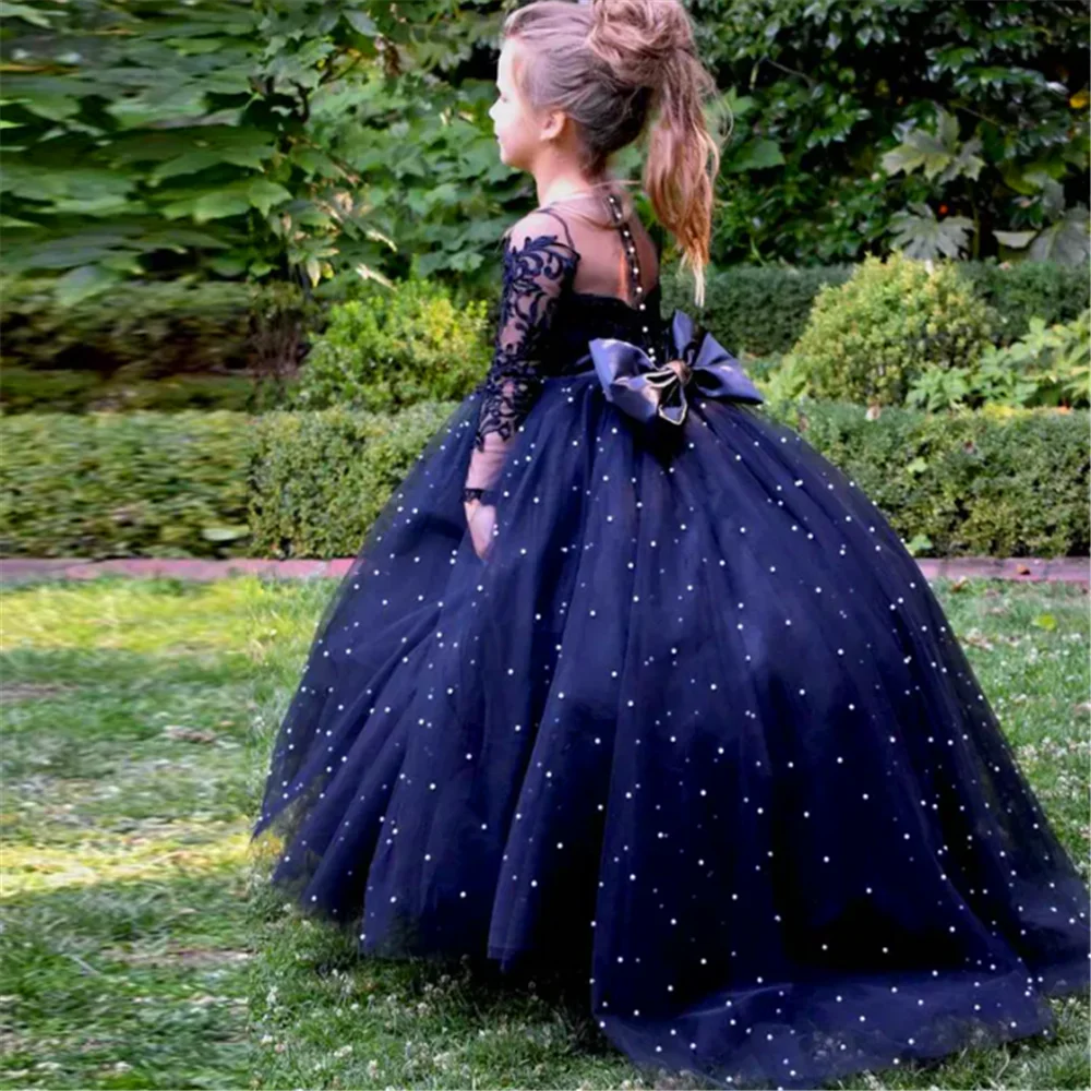 

Sleeveless Tulle Lace Printed Bow Belt Flower Girl Dress Princess Ball First Communion Dresses Kids Surprise Birthday Present