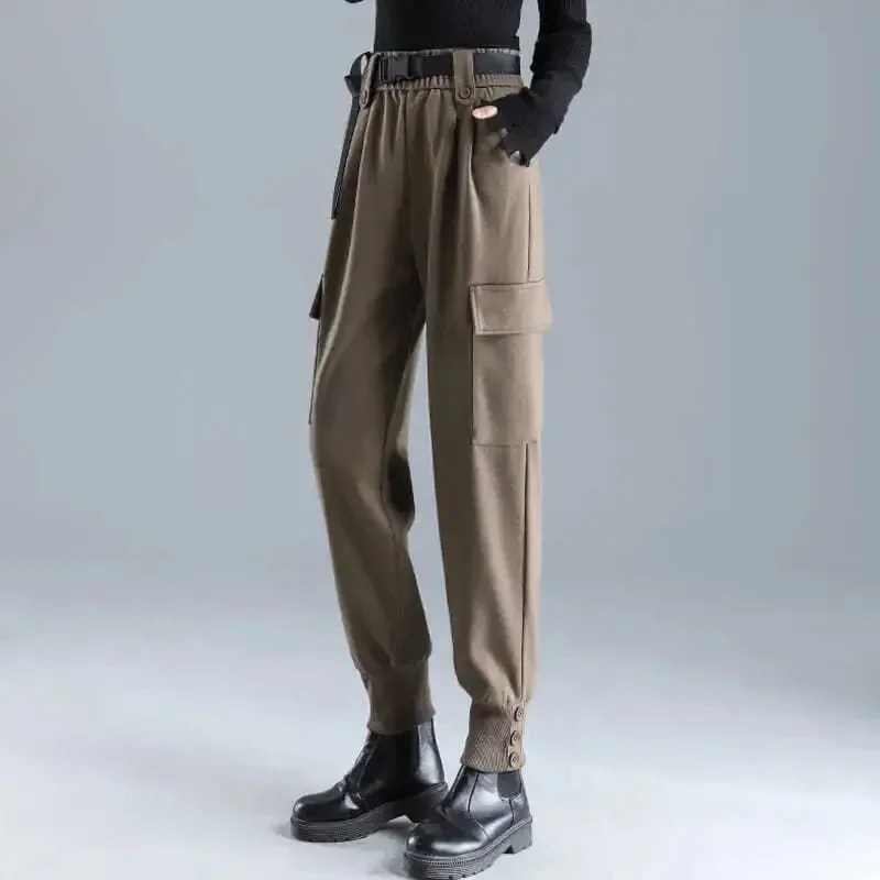 

Fall Winter Thicken Woolen Baggy Cargo Pants Women Casual Plus Velvet Warm Harem Pantalones High Waist Jogger Trousers With Belt