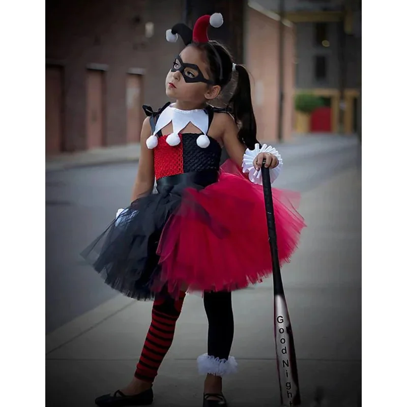 Kids Clown female Tutu Dress Happy Purim Girls Birthday Party Dresses Carnival Halloween harley squad quinn Cosplay Costume