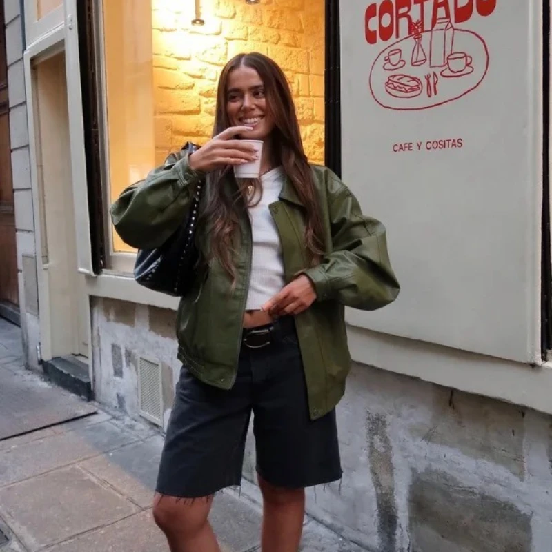 Oligai осень-зима оливково-зеленая куртка из искусственной кожи