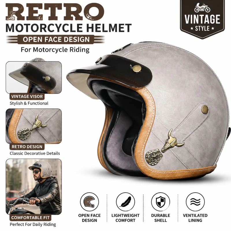 Retro Motorcycle Helmet Open Face Vintage Riding Helmet With Visor Half Helmet For Men Women Scooter Street Bike