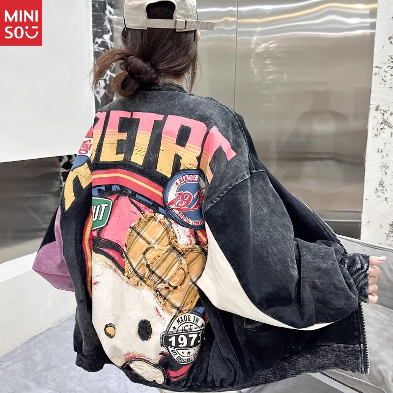 

Miniso Oversized Sequined Denim Jacket, Heavy Embroidery Coat, Lazy Chic Women's Blazer