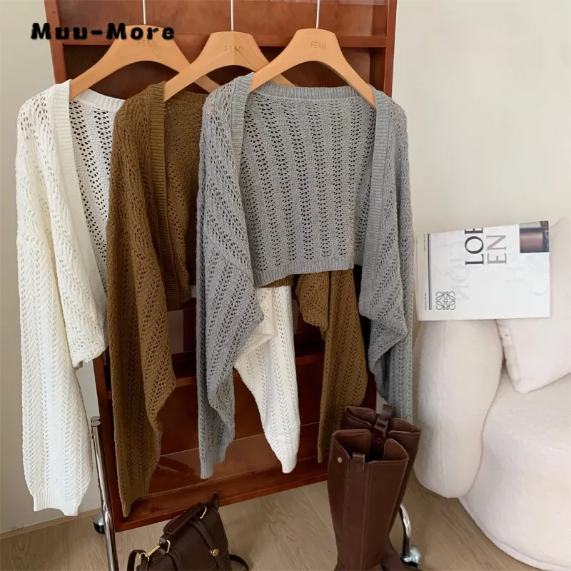 2023 Autumn Winter Korean Style Solid Color Hollow Out Hollow Out Cropped Knitted Cardigan for Women Loose Knitwear Coat