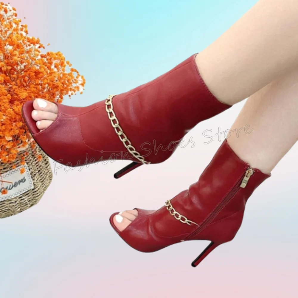 

Red Side Zipper Chain Decor Boots Open Toe Stilettos High Heels High Heel Shoes for Women Heels 2025 New Zapatos Para Mujere