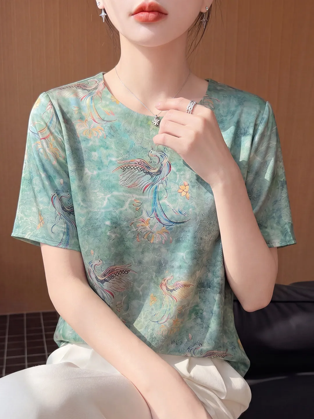 Summer Cool Silk round Neck Chinese Style T-Shirt Women's National Retro Phoenix Print Thin Short Sleeve Fashionable Commute
