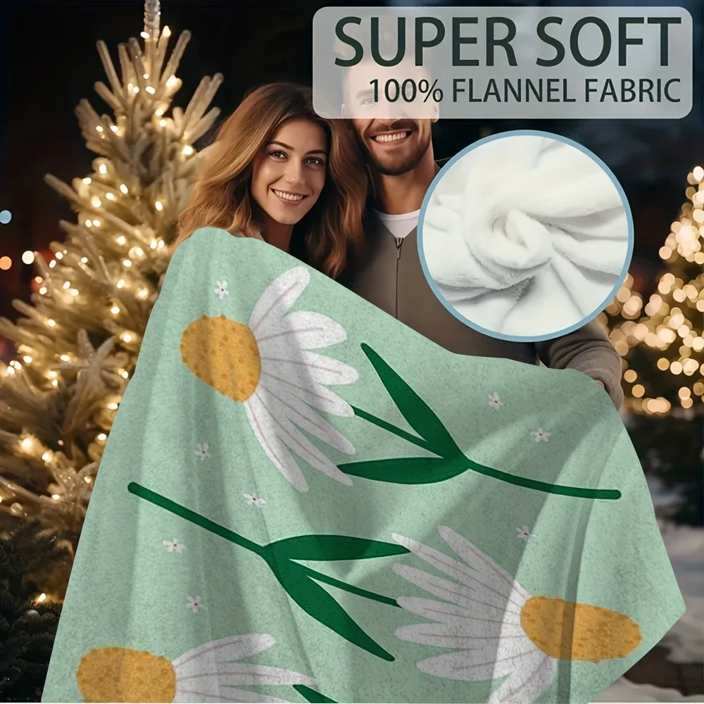 Extra Large Daisy Print Blanket - Soft & Cozy Flannel All-Season Bedspread, Vintage Cottagecore White Daisies & Yellow Centers