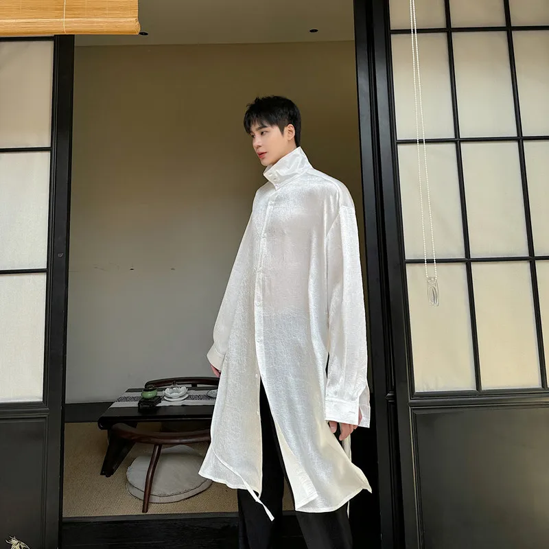 

Новая мужская удлиненная рубашка с высоким воротником, модный и элегантный дизайн, средней длины, для создания стильного образа.