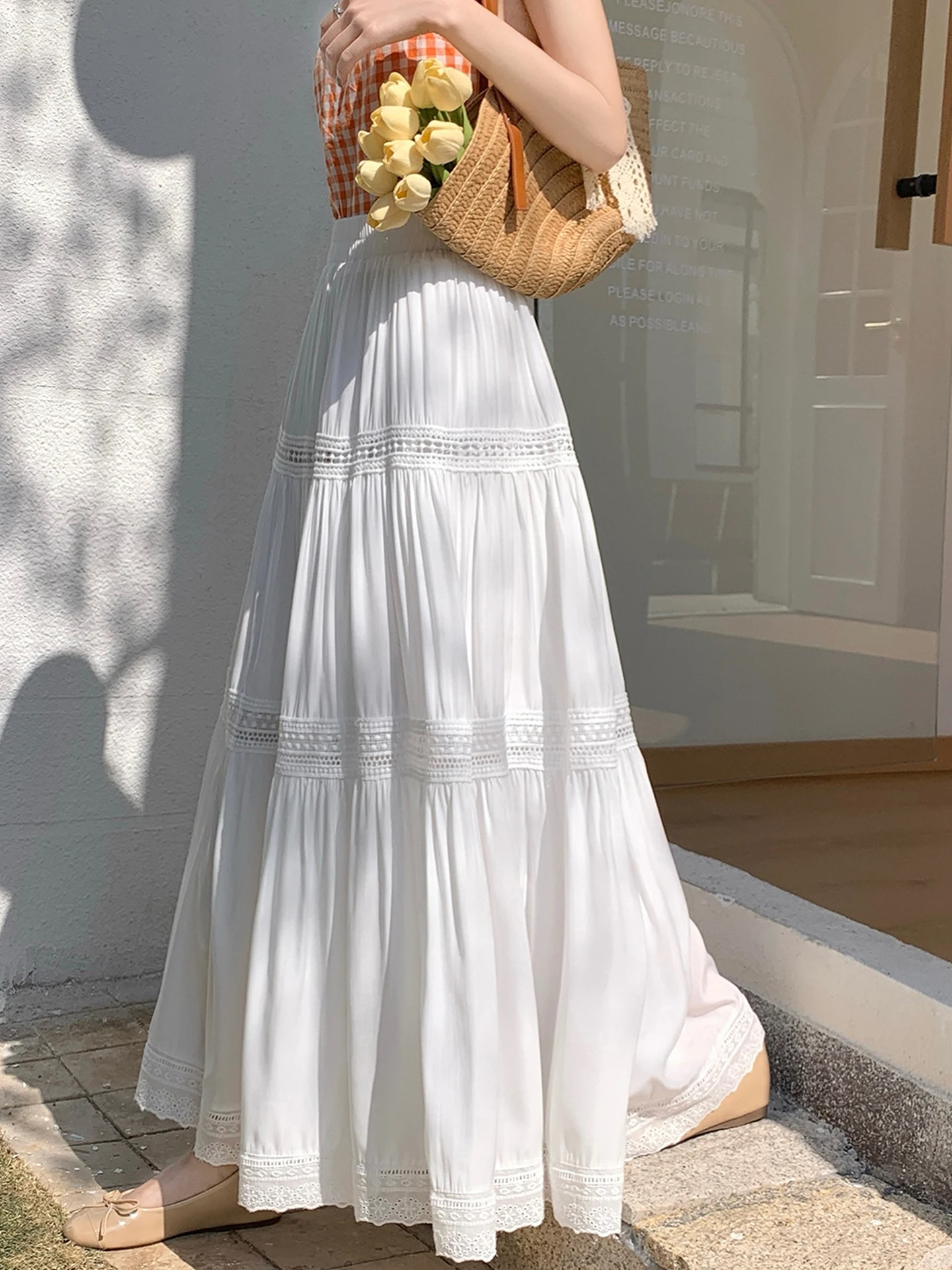 

Emily Clud Recommended White Lace Trim f Skirt Spring Summer Elastic Waist A-Line Long Skirt Casual High Waist Long Skirt