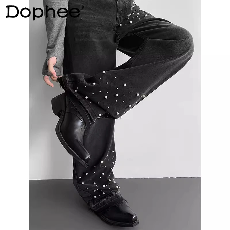 

Мужские джинсы с широкими штанинами и жемчужным декором, весна-осень 2026, модные джинсовые брюки в уличном стиле, свободные прямые джинсы