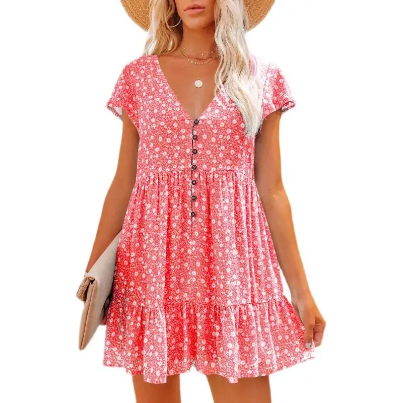 Moda uliczna Wiosna Lato Luźny Casualowy Krój Sve Dekolt w Serek Guziki Kwiatowy Wzór Linia A Wysoki Stan Do Pracy Elegancki