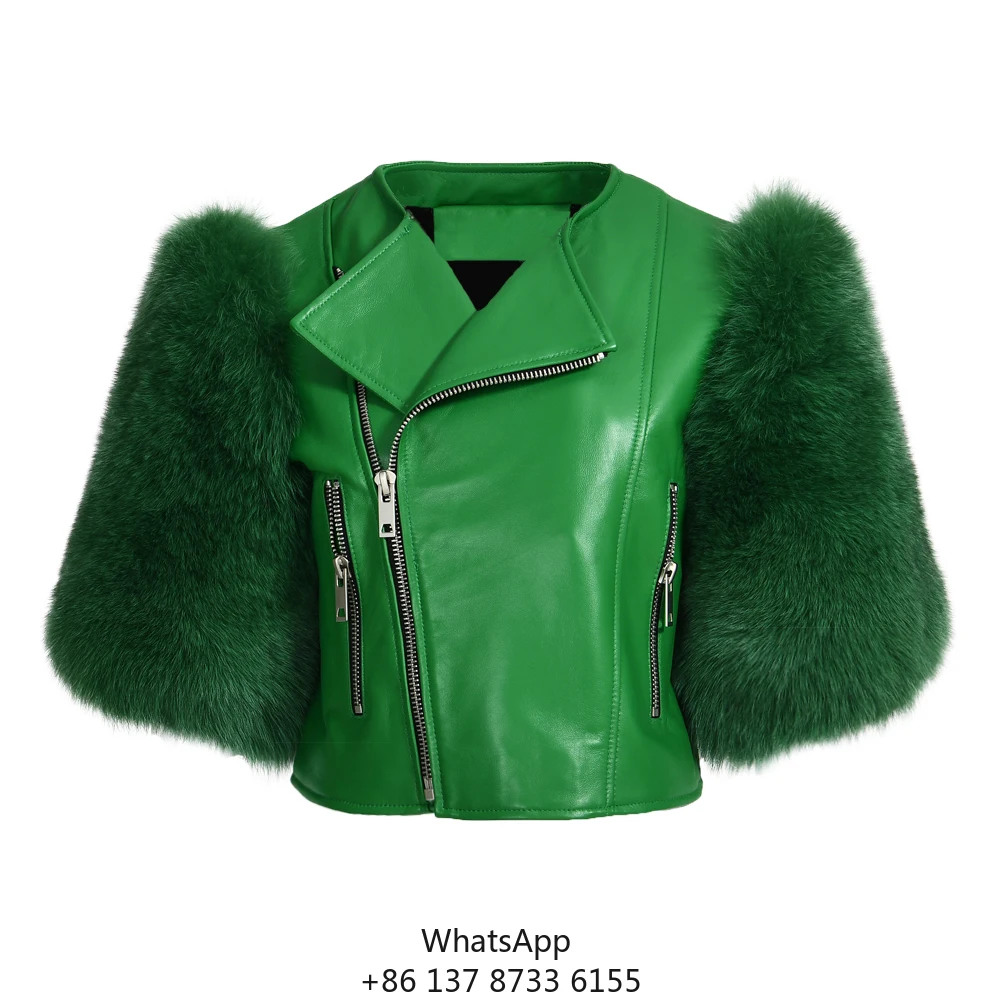 

2022 New Design Luxury Spring Autumn Ladies Custom Style Real Fox Fur Sleeves Women 100% Genuine Leather Jacket Motorcycle
