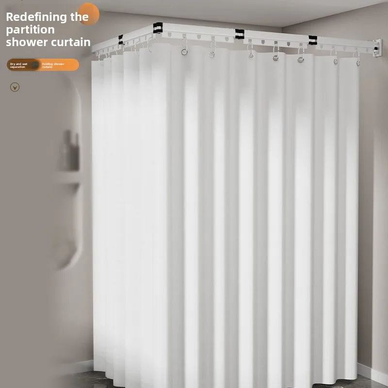Sucker Foldable 4/5 Fold Shower Curtain Rod Set - Drill-Free Invisible Partition Waterproof Polyester Dry Wet Separation Curtain
