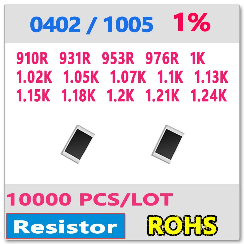 

JASNPROSMA OHM 0402 F 1% 10000pcs 910R 931R 953R 976R 1K 1.02K 1.05K 1.07K 1.1K 1.13K 1.15K 1.18K 1.2K 1.21K 1.24K smd 1005