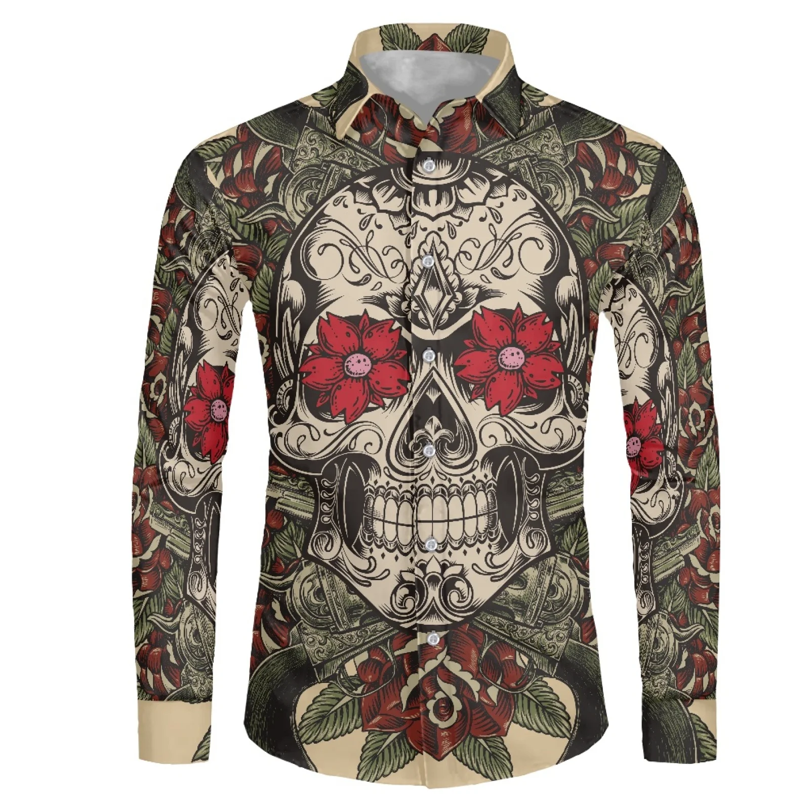 

Hibiscus Skeleton Polynesian Tribe Hawaiian Casual Sport Style Men's Shirt Stand Collar 6XL Long Sleeve Men Winter