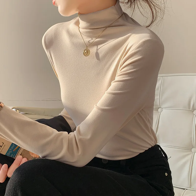 Velvet Half High Collar Bottom Shirt Women's Inner Wear Autumn and Winter Cationic Thickened Matte T-shirt Black Slimming Top