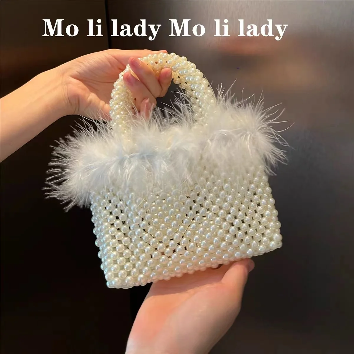 

High Quality Luxury Pearl Beading Woven Handmade Handbag Ostrich Hair Evening Bag Dinner Party Clutch Purse Women Square Bag