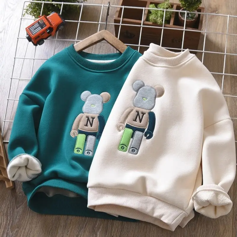 

Boys' Fleece-Lined Sweater 2022 Winter New Children's Cartoon Top Children's Single-Layer Fleece-Lined Bottoming Shirt