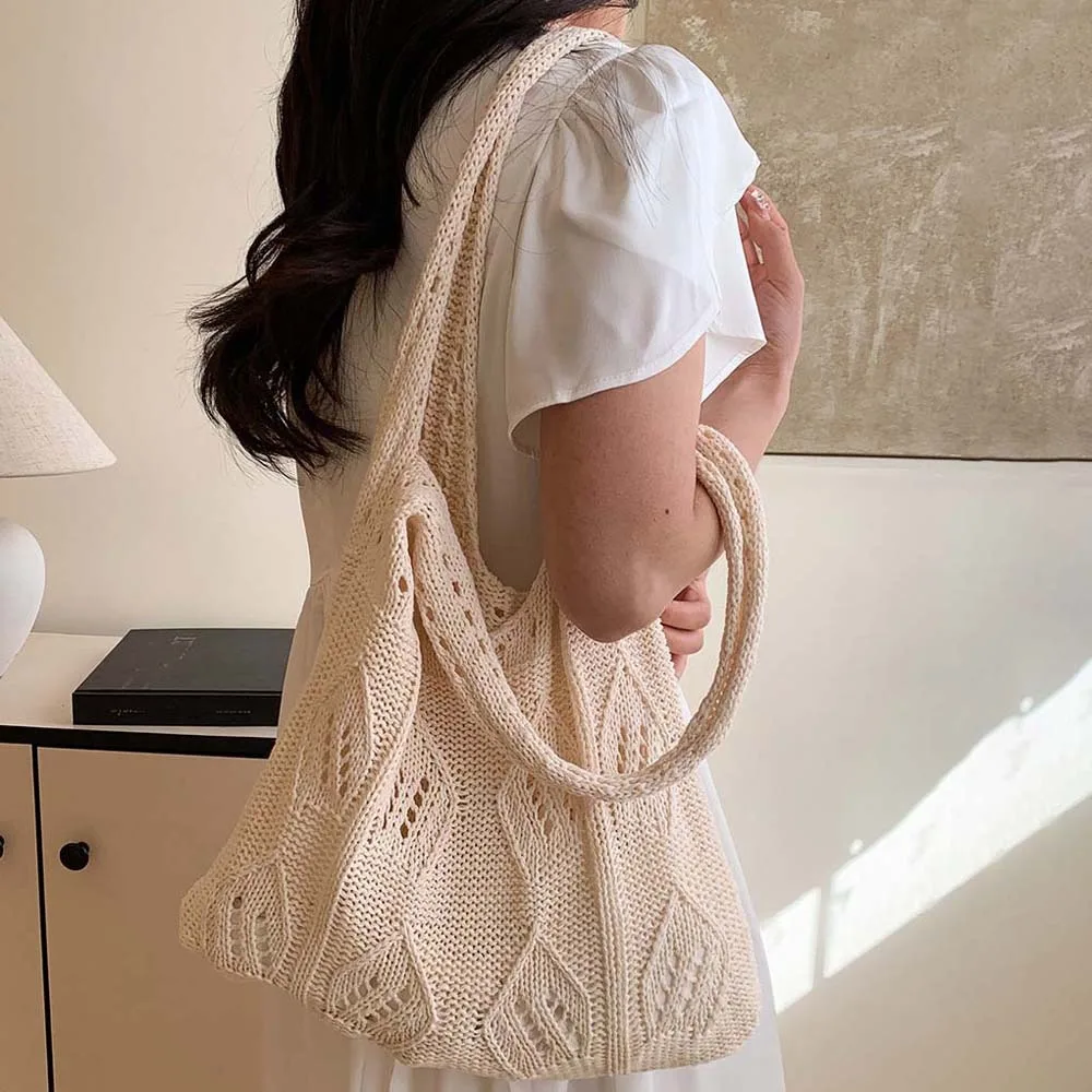 

Sweet Hollow Knitted Tote Bag Breathable Large Capacity Straw Shopping Bag Polyester Solid Color Summer Beach Handbag Spring