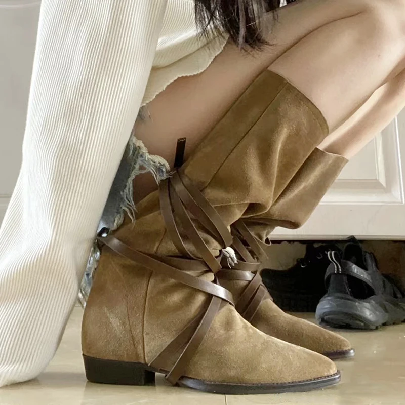 Khaki Green Western Cowboy Boots Woman Winter 2023 New In Pointed Toe Cross Strap Pile Boot Female Fashion Shoes for Women