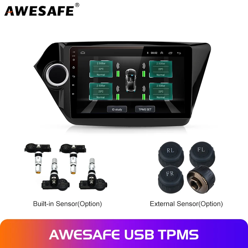 AWESAFE USB Tire Pressure Monitoring Alarm System TPMS With 4 Internal Sensors for Car DVD Player Navigation Car Accessories