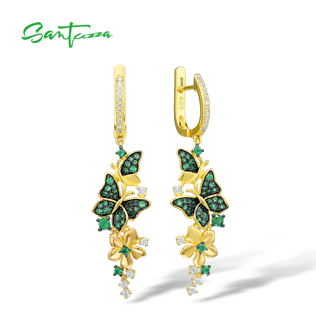 

SANTUZZA настоящие висячие серьги из стерлингового серебра 925 пробы для женщин, сверкающие зеленые шпинели, бабочка, садовый подарок, вечерние ювелирные украшения