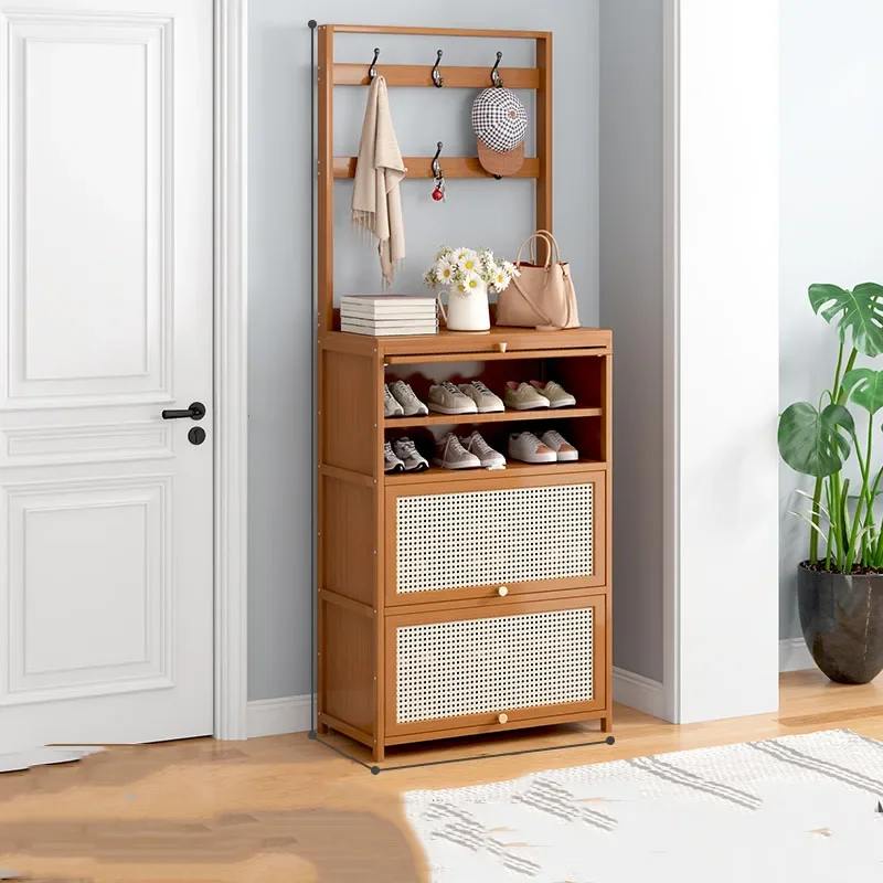 Natural Bamboo Entry Shoe Bench with Coat Rack 6 Shelf Floor Standing Dustproof Organizer for Home Foyer Entry Decor Storage