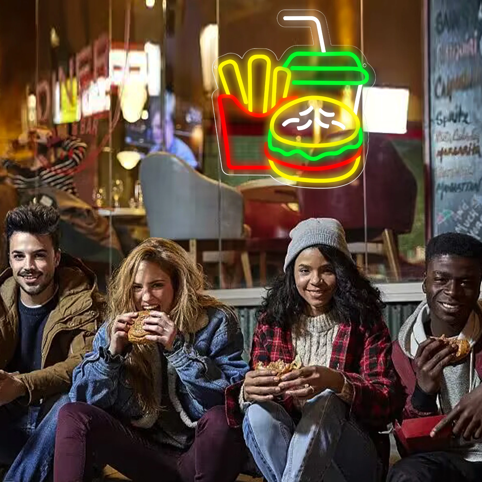 Insegna al neon per hamburger per hamburger Shop Decor Patatine fritte Luce al neon a LED Insegne aziendali per fast food per ristorante Negozio Alimentato tramite USB