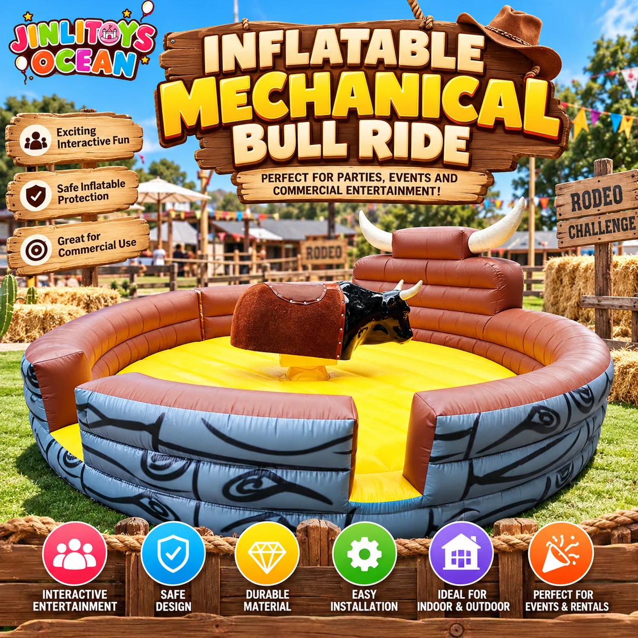 Variable-Speed ​​Electric Mechanical Bull – Interactive Challenge Ride with Inflatable Enclosure for Parks & Farms